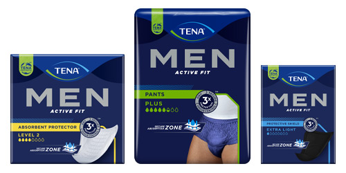 TENA Men Protective Shield, TENA Men Active Fit Pants en TENA Men Absorbent Protector Level 2 TENA Men Protective Shield, TENA Men Active Fit Pants en TENA Men Absorbent Protector Level 2